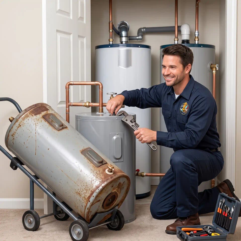 PlumberBee technician connecting a new water heater after removing the old rusted tank