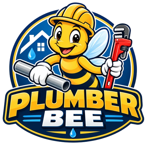 PlumberBee logo: a cartoon bee in a hard hat holding a pipe and a pipe wrench