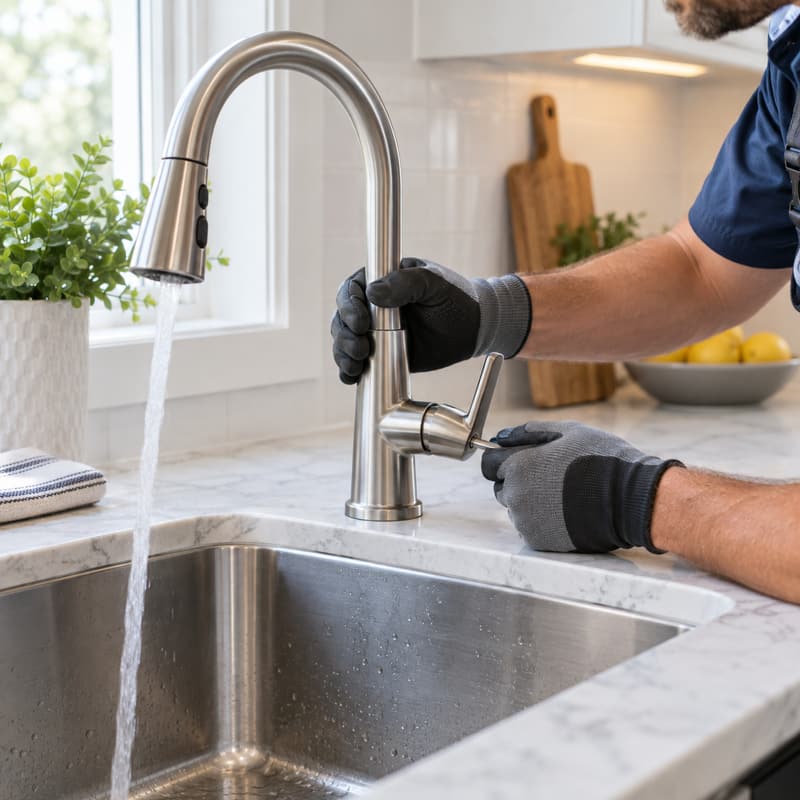 Plumber testing a newly installed pull-down kitchen faucet over a stainless steel sink