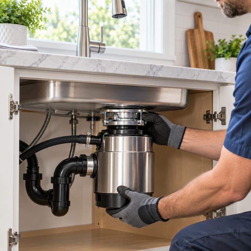 Plumber mounting a new stainless steel garbage disposal under a kitchen sink