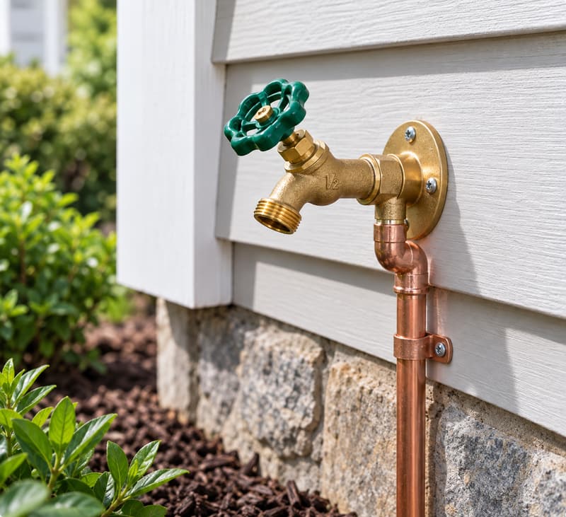 New brass hose bibb with a green handle mounted on siding, fed by a new copper supply pipe