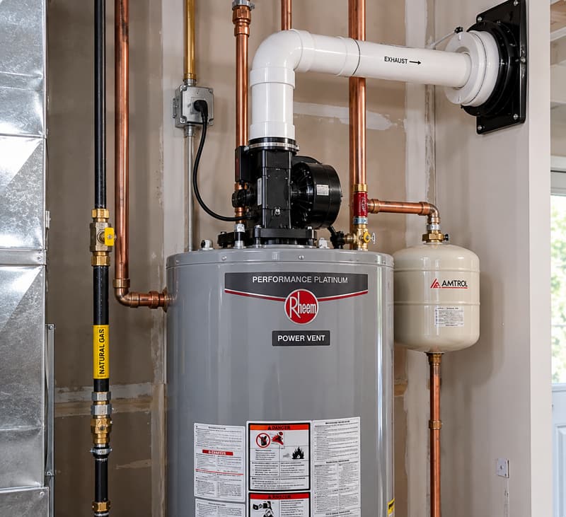 New Rheem power-vent gas water heater with PVC exhaust vent, gas line and thermal expansion tank