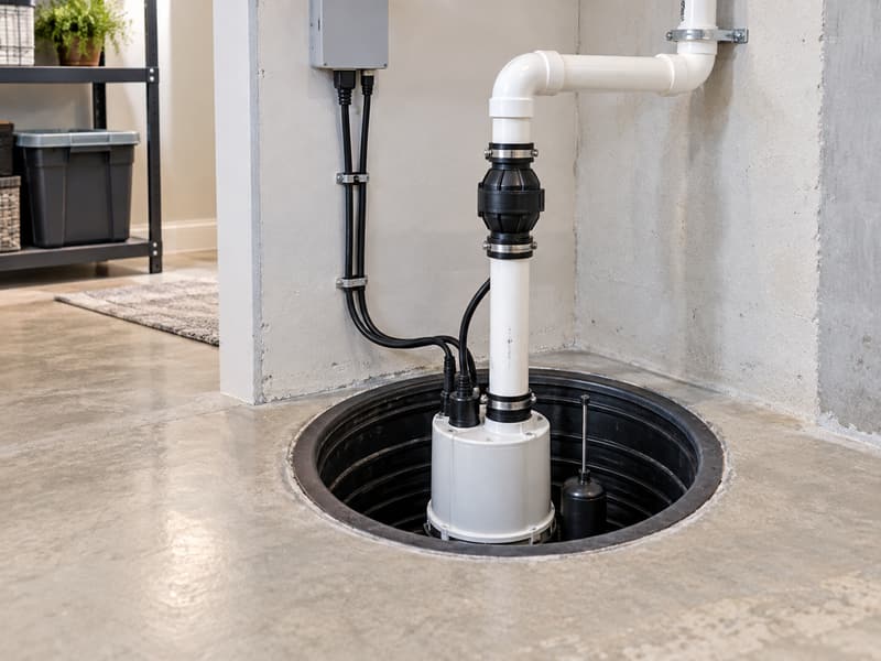 New submersible sump pump in a basement pit with a PVC discharge pipe and check valve
