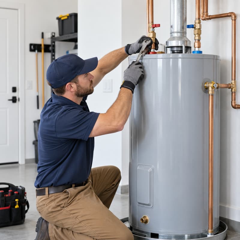 PlumberBee technician connecting new copper supply lines to a tank water heater