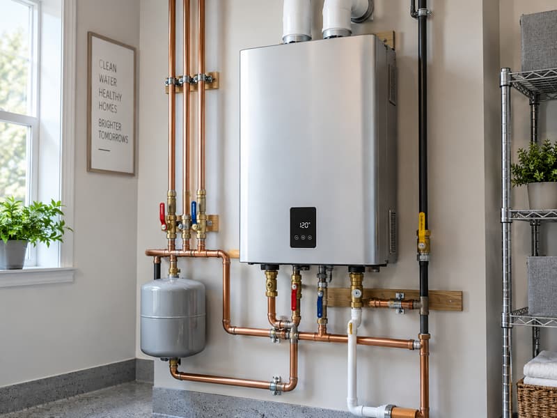 Wall-mounted tankless water heater with new copper piping, red and blue isolation valves and an expansion tank